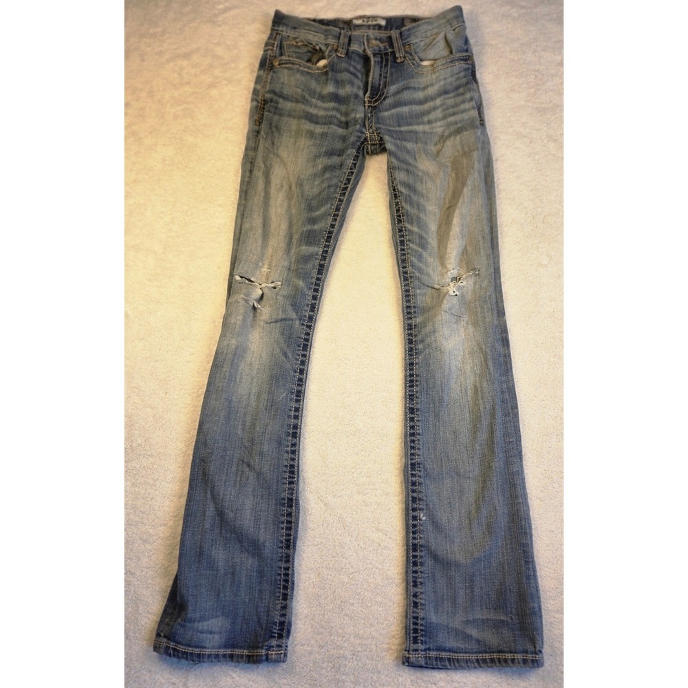BKE Aiden Slim Straight Jeans Womens 28L Light Wash Distressed Contrast Stitch